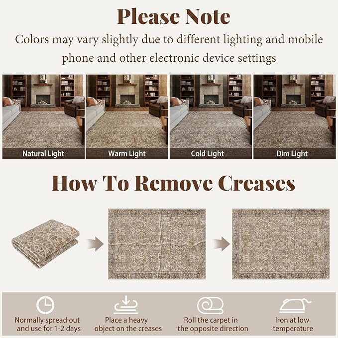 Machine Washable Rugs for Living Room: 4x4 Area Rugs for Bedroom Ultra Soft Non-Slip Low Pile Vintage Boho Large Carpet for High-Traffic Dining Room - Farmhouse Decor