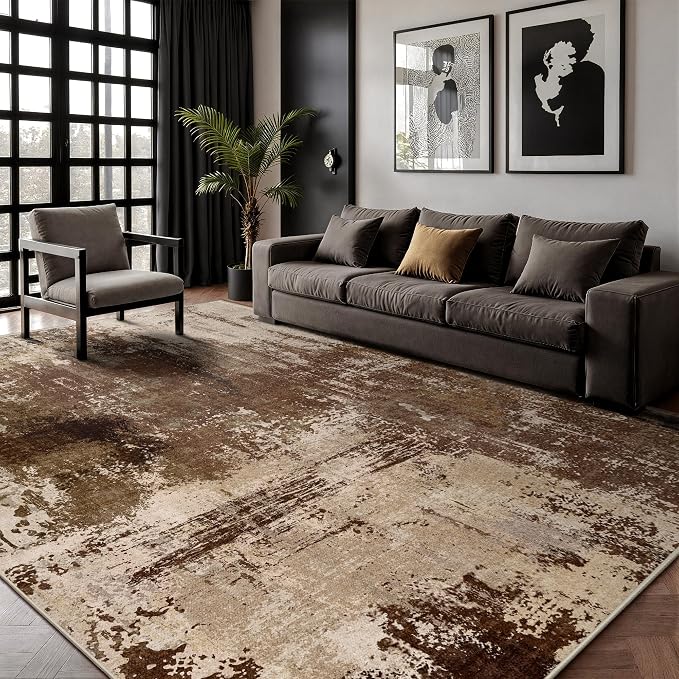 5x7 Area Rugs - Modern Abstract Washable Rug, Ultra Soft Non Slip Low Pile Large Rugs for Living Room, Floor Carpet for Bedroom Dining Room Office Laundry Nursery Home(A-Brown)
