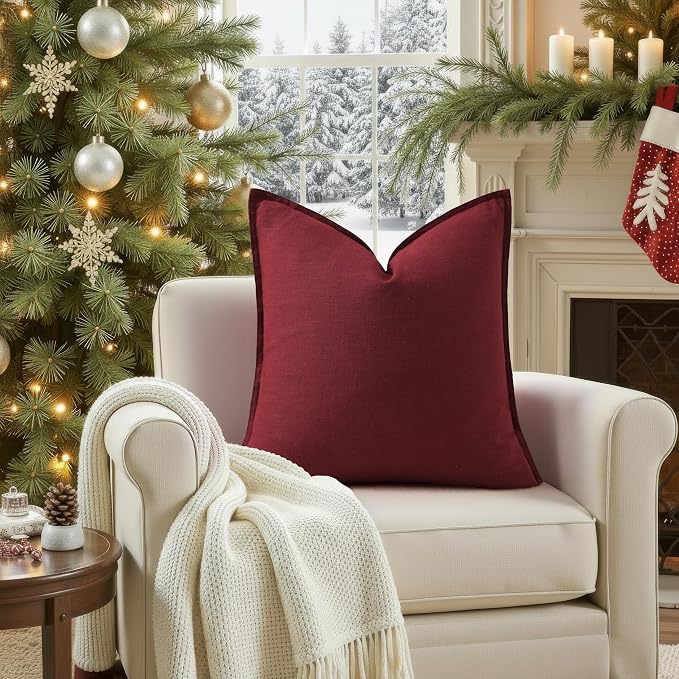decorUhome Fall Burgundy Linen Throw Pillow Covers 20x20 Set of 2 | Decorative Soft Cozy Modern Farmhouse Boho Accent Pillow Cases with Flange Edges for Couch Bed Sofa Living Room Home Decor
