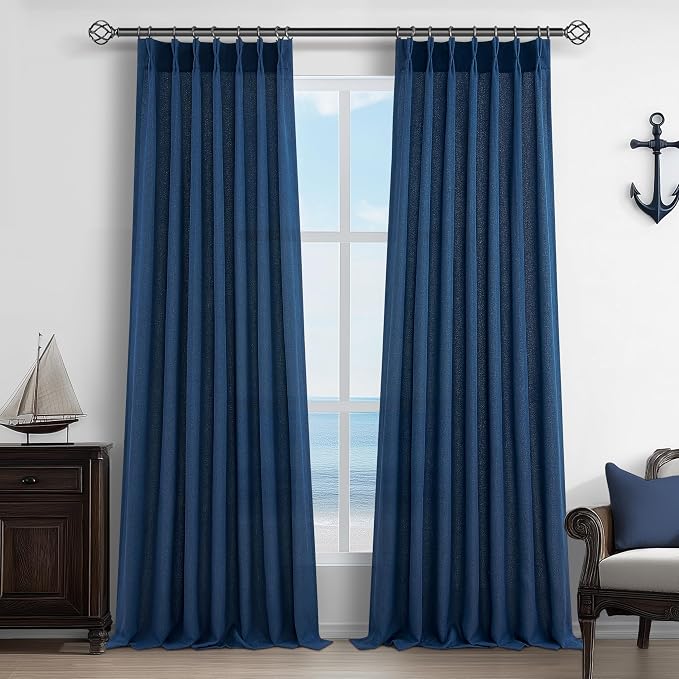 Navy Extra Long Light Filtering Sheer Curtains 108 Inches Long for Living Room 2 Panels with Ceiling Track, Textured Linen Pleated Curtains & Drapes 108 Inch Length Dinning Room Lush Decor Dark Blue