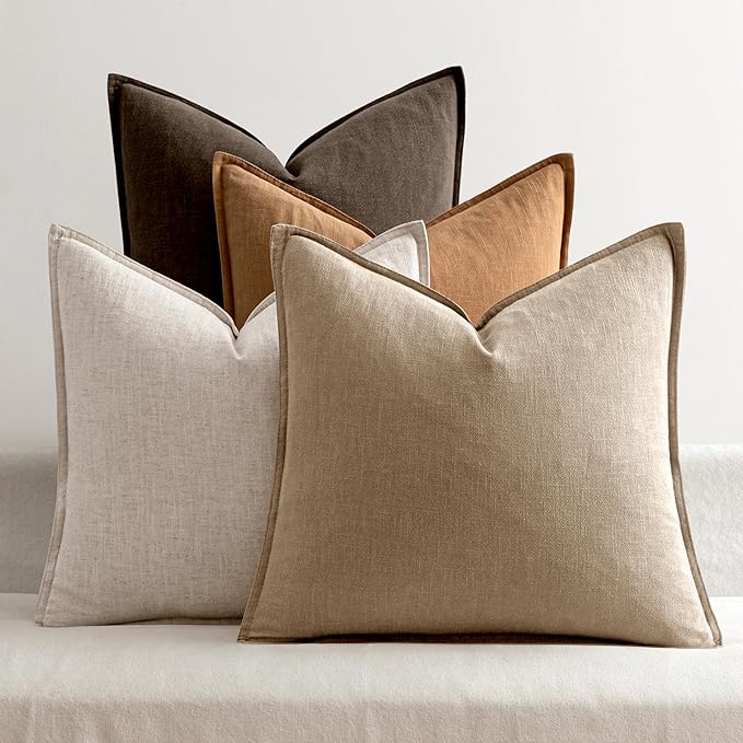 MIULEE Neutral Brown Boho Linen Pillow Covers 24x24 Inch Pack of 4 | Natural Fall Decorative Throw Pillow Covers Soft Farmhouse Couch Pillowcases Modern Decor for Living Room Bed Sofa