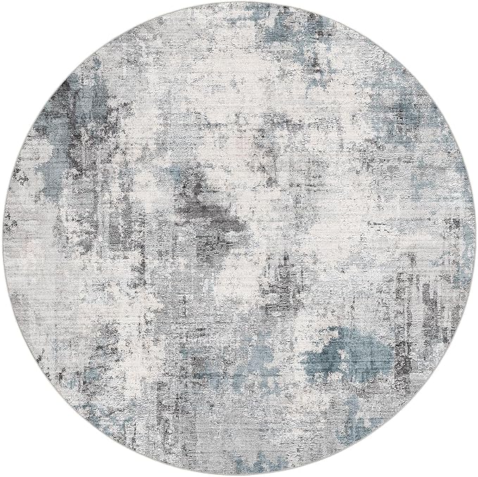 Abstract 10FT Round Rug: Machine Washable Non Slip Ultra Thin Low-Pile Carpet, Soft Stain Resistant for Living Dining Room Bedroom, Kid Pet Friendly, Robot Vacuum Compatible - Grey Blue