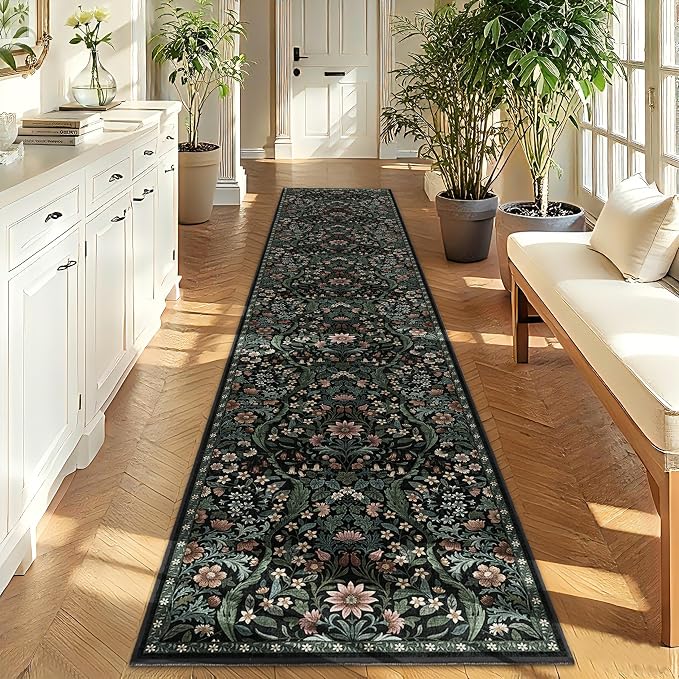 2x10 Washable Runner Rug,Black Floral Boho Area Rug for Hallway,Low-Pile Non-Slip Stain Resistant Carpet for Kitchen, Bedside,Laundry Room,Entryway