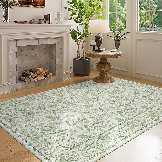 DUKINO 4x6 Area Rug, Washable Vintage Floral Rug for Living Room Sage Green | Non Slip, Low Pile, Stain Resistant Boho Lightweight Soft Indoor Carpet for Bedroom Office Dining Room Entryway Farmhouse