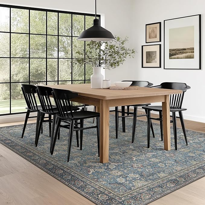 BESBLEE 8X10 Area Rugs Machine Washable Rugs for Living Room, Vintage Boho Large Rugs for Bedroom Dining Room, Non Slip Indoor Soft Distressed Lightweight Thin Low Pile Carpet, Vintage Blue