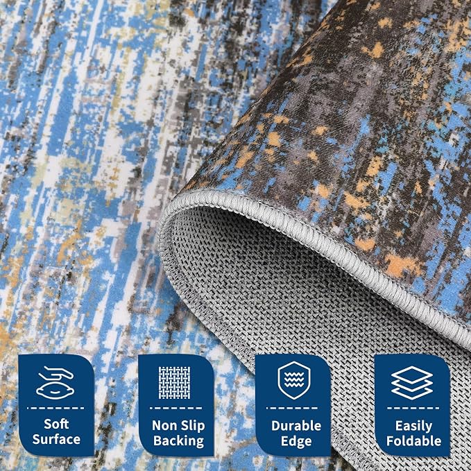 ROYHOME Modern Abstract Living Room Rug 10x13, Machine Washable Large Carpet, Non Slip Low Pile Throw Rug, Ultra Soft Indoor Floor Carpet for Bedroom Dining Room Table Home Decor, Blue/Brown