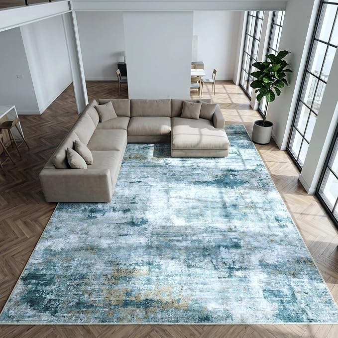 Extra Large Abstract Area Rug, 0.26" Low-Pile Washable Carpet for Living Room, Bedroom, Dining Room | Pet Friendly, Stain-Resistant & Non-Slip, 9'x12', Sage Green
