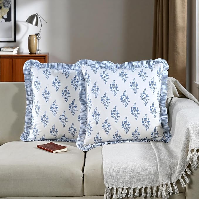 Ridhi Coastal Blue Block Print Ruffle Throw Pillow Cover 20" x 20" (Pack of 2) Decorative Cushion Covers with Ruffle for Couch, Sofa, Bed, Living Room, Home Decor Gift for Spring, Mother's Day