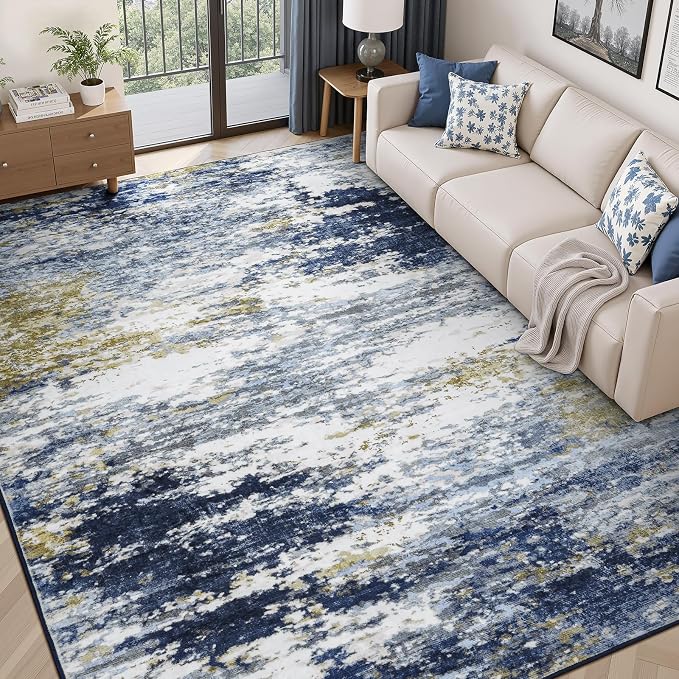 Lofus 5x7 Area Rug for Living Room, Abstract Rugs with Non-Slip Backing, Neutral Modern Washable Carpet for Bedroom Dining Room Home Office Nursery Indoor, Dark Blue/Brown