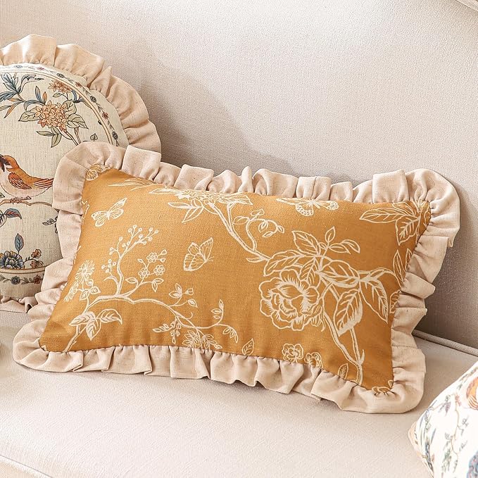 ISAENNE Designer Linen Throw Pillow Cover,Set of 2,20"x12"-Cornucopia D | Elegant French Rectangle Pillow Cover,Concealed Zipper Design,Floral Pattern,Sofas,Bedroom,Living Room,Lounge Chairs