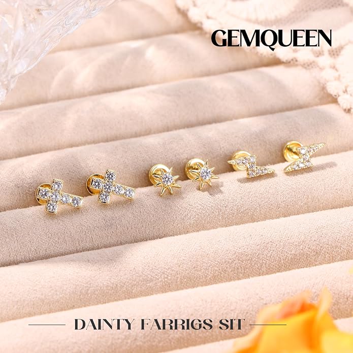 14K Gold Plated Solid 925 Sterling Silver Post Flat Back Earrings Stud | Cartilage Helix Conch Tragus Piercing Jewelry 3 Pairs Tiny Screw Dainty CZ Opal Earring Set Men Women