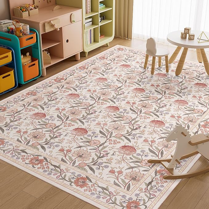 DUKINO 9x12 Area Rug for Living Room Vintage Floral Washable Rug Beige Pink | Non Slip, Low Pile, Non-Shedding, Stain Resistant, Aesthetic Soft Indoor Large Carpet for Bedroom Dining Room Farmhouse
