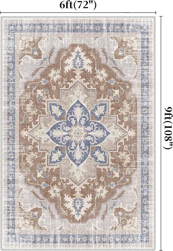 6x9 Area Rugs for Living Room, Soft Non-Slip Vintage Medallion Rug, Low-Pile Printed Washable Rug Carpet for Living Room, Bedroom, Dining Room -Camel