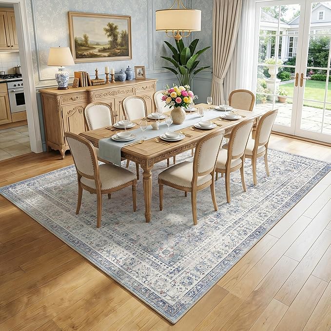 FMFUNCTEX 8x10 Washable Area Rug Blue Neutral Vintage Distressed Oriental Large Non Slip Carpet for Living Room Bedroom Traditional Retro Soft Low Pile Indoor Rugs for Dining Room Office Nursery