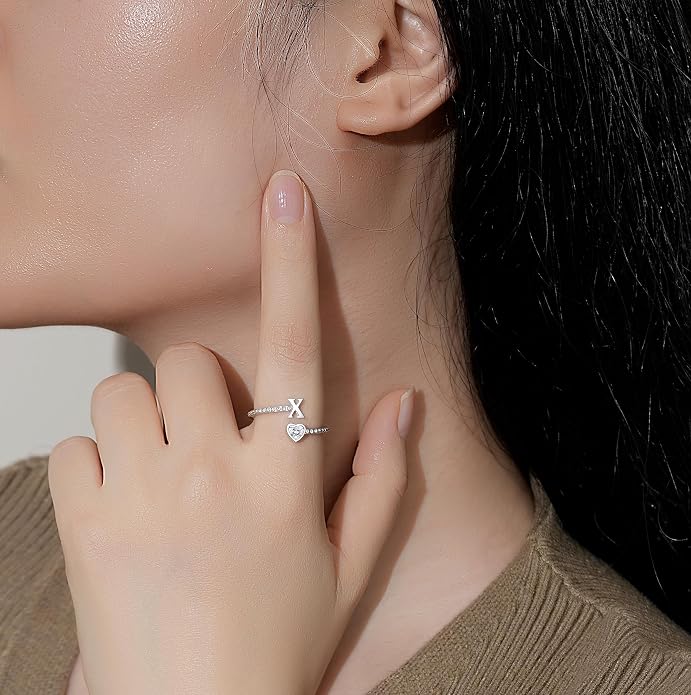 Step Forward 925 Sterling Silver Adjustable Initial Ring for Women | Non Tarnish Letter Rings for Lady | Alphabet Heart Thumb Rings | Capital Letter Jewelry Gifts
