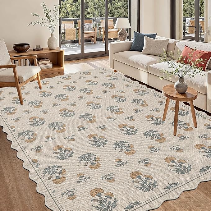 ORTIGIA Scalloped Easy Jute 5x7 Area Rug Vintage Yellow Floral Farmhouse Washable Rug Non-Slip Indoor Outdoor Carpet for Living Room Bedroom Patio Entryway
