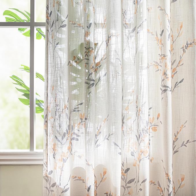 MYSKY HOME Kitchen Window Curtains Linen Sheer Drapes 45 Inches Long Floral Pattern Decorative Texture Light Filtering Privacy Protect for Bedroom Bathroom Closet Cafe, 50" x 45", Yellow, 2 Pieces