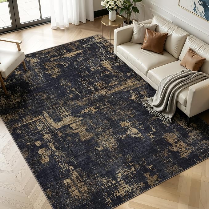 Sasttie 9x12 Soft Area Rug for Living Room, Modern Abstract Washable Large Carpet for Bedroom, with Non-Slip Backing, Black and Gold
