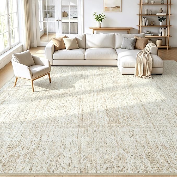 9X12 Area Rug for Living Room, Washable Moroccan Geometric Rug Soft Non-Slip Rubber Vintage Boho Large Rug, Low Pile Farmhouse Carpet for Bedroom Dining Room Nursery Modern Office (Beige, 9'x12')