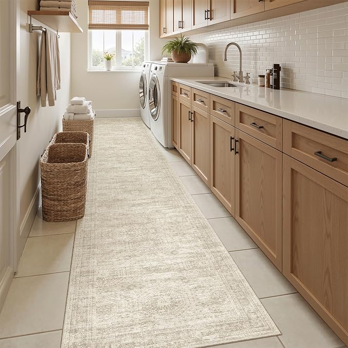 Soalmost Runner Rug 2'x10' Washable Non-Slip Runner Rugs for Kitchen Bathroom Laundry Room Beige Vintage Floor Carpet Runners for Hallway Entryway