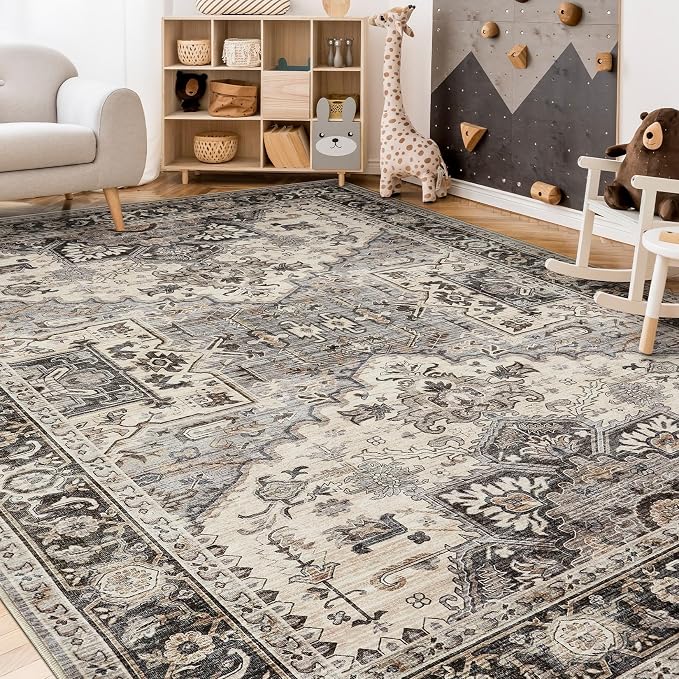 Area Rug for Living Room - 10x12 Soft Washable Oriental Vintage Floral Distressed Large Carpet - Fade Stain Resistant Non Slip Rugs for Bedroom Dining Room Nursery Dorm Office Home Decor - Brown