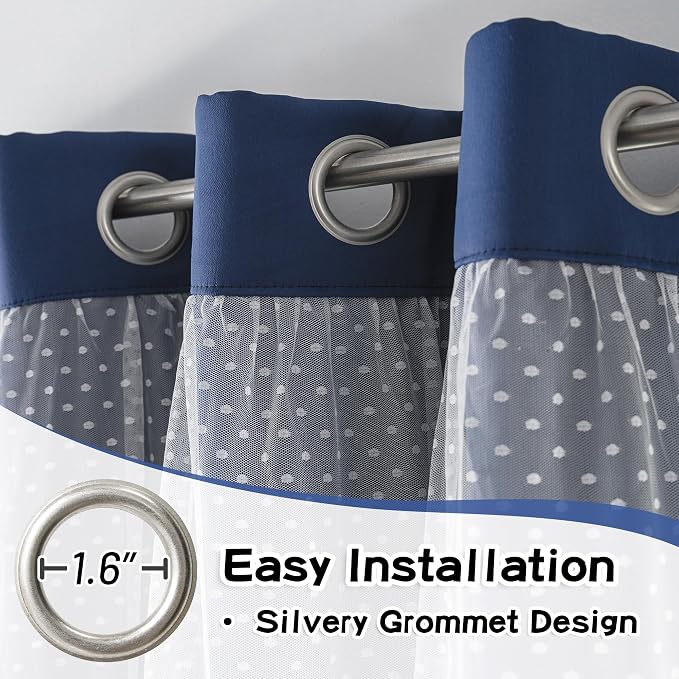 MYSKY HOME Navy Blue Blackout Curtains for Girls Bedroom & Nursery Kids Cute Curtains Double Layer with Polka Dots Sheer, Grommet Tops, 52x95 Inch Each Panel, 2 Panels