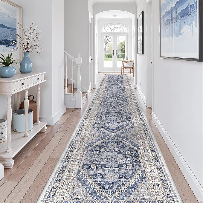 zesthome 3x20 Washable Runner Rug for Hallway, Non-Slip Long Hallway Runner for Entryway, Soft Vintage Kitchen Mats for Floor, Abstract Dining Room, Bedroom, Living Room Rugs(Blue/Beige,3'x20')
