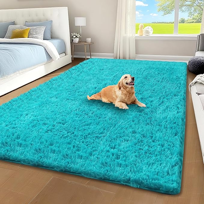 Teal Fluffy Shag Area Rug for Bedroom Living Room Nursery, 4x6 | Ultra Soft Comfy, Fuzzy Shaggy Plush Carpet for Kids Boys Girls Teen Dorm, Modern Indoor Home Decor, Upgrade Non-Slip