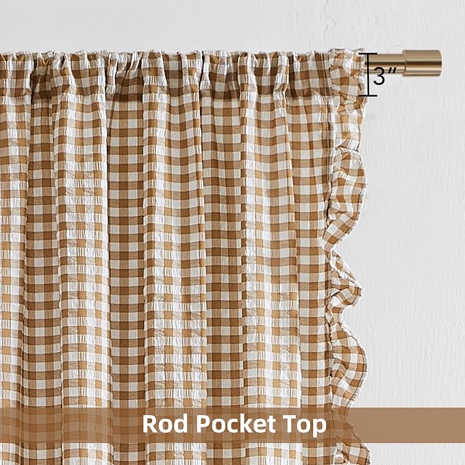 ZJDECOR Brown White Buffalo Plaid Crinkle Curtain Panels 95 Inches Length | Not-See-Through Sheer Ruffle Drapes,Cottage Window Treatment for Bedroom Living Room,Rod Pocket,40"Wx95"L(Pack of 2)