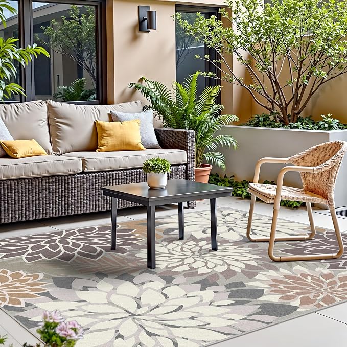 9x12 Outdoor Area Rug Washable Multicolored Patio Rug Tropical Botanical Floral Chenille Waterproof Outdoor Carpet Non-Slip for Deck, Backyard, Porch, Taupe