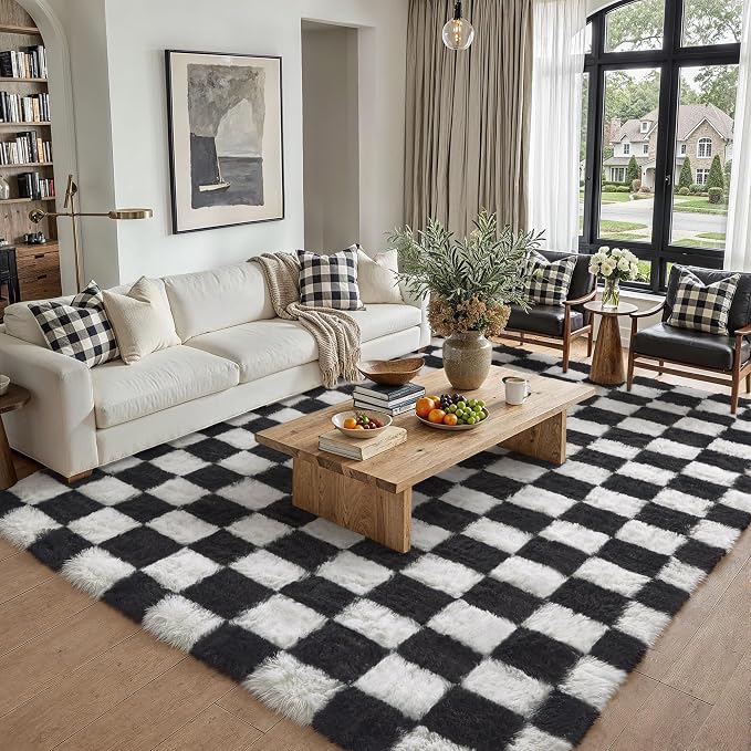 PureCozy Checkered Rug 7x10 for Living Room, Black and White Modern Shag Rugs Super Soft Washable Indoor Office Fuzzy Carpet Non-Slip Fluffy Rugs for Bedroom Home Aesthetic Decor