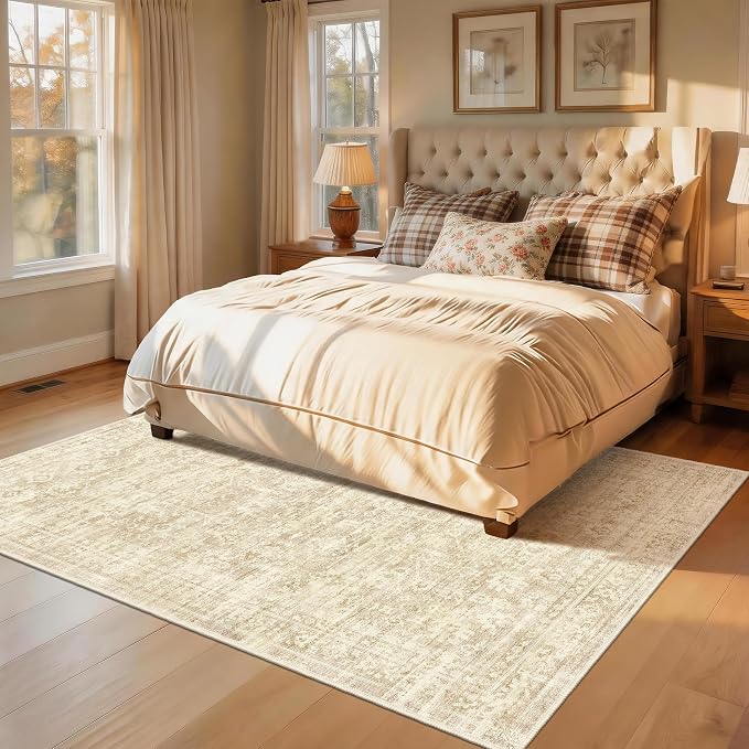 Beige 5x7 Area Rugs, Neutral Vintage Boho Carpet for Bedroom | for Living Room and Dining Room, Washable Low Pile Nursery Area Rug with Non-Slip Silicone Backing, Non-Shedding, Thin