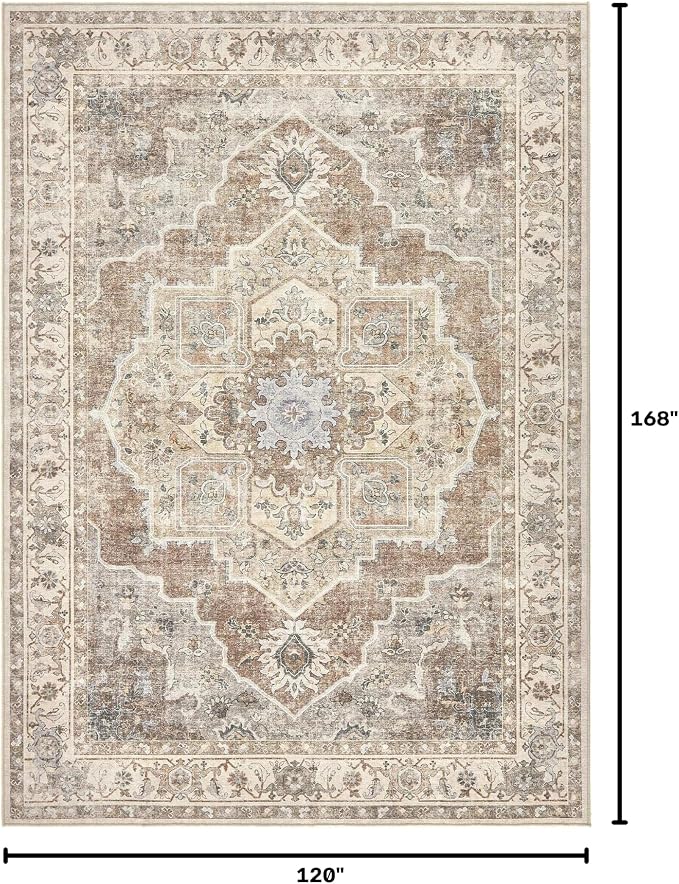 10x14 Washable Area Rug: Vintage Neutral Soft Non Slip Thin Large Floor Carpet for Living Room Bedroom Kitchen Dining Room Home Office Farmhouse Indoor - Beige Brown