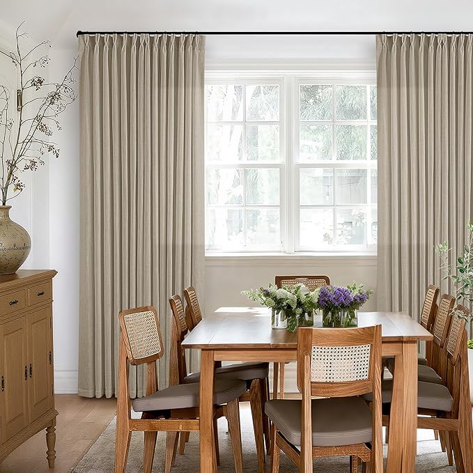 TWODRAPES Grey Beige Pinch Pleated Linen Curtains 92 Inches Long 2 Panels for Living Room Bedroom Memory Training Shaped Semi Sheer Pleat Drapes with Hooks Rings Light Filtering Window Curtain 40x92