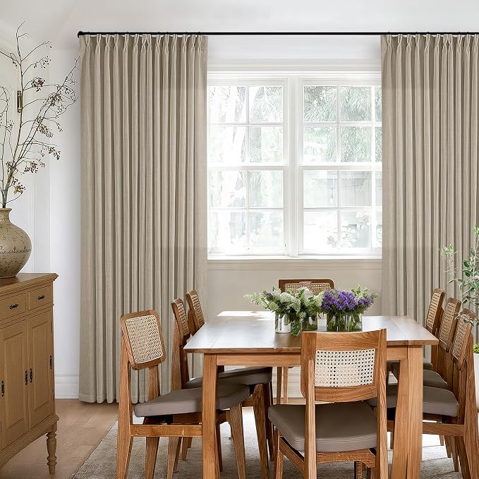 Greige 80 Inches Long Linen Curtains for Living Room Pinch Pleat Hooks for Living Room Back Tab Thick Linen Textured Pleated Drapes Light Filtering Tan Taupe Bedroom Window Curtains 80 Inch Length