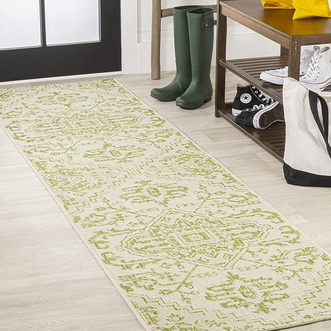 JONATHAN Y Boho Medallion Indoor Outdoor Runner Rug 2X8 Cream/Green, Estrella Textured Weave for Backyard, Patio, Porch, Easy-Cleaning, High Traffic, Pet-Friendly, Non-Shedding (SMB105E-28)
