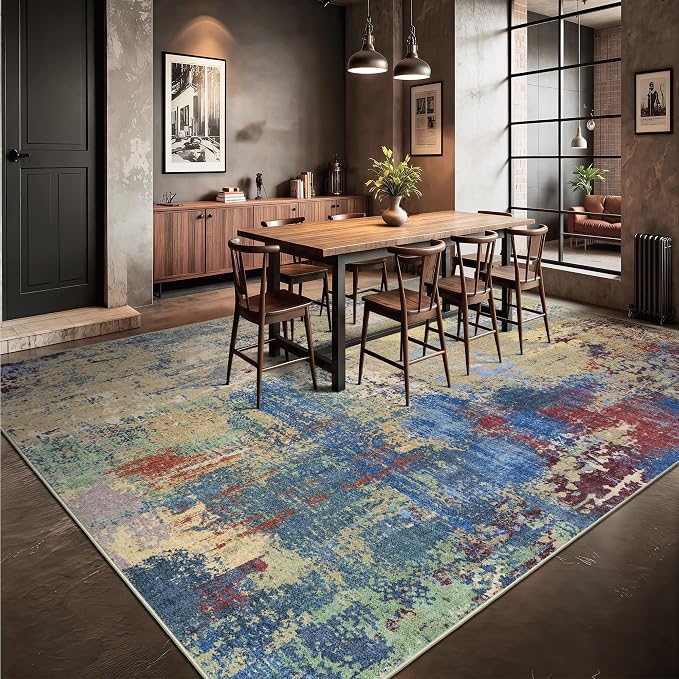 8x10 Rugs for Living Room - Modern Abstract Washable Rug, Ultra Soft Non Slip Low Pile Large Rugs, Floor Carpet for Bedroom Dining Room Office Laundry Nursery Home(Multi-Colorful)
