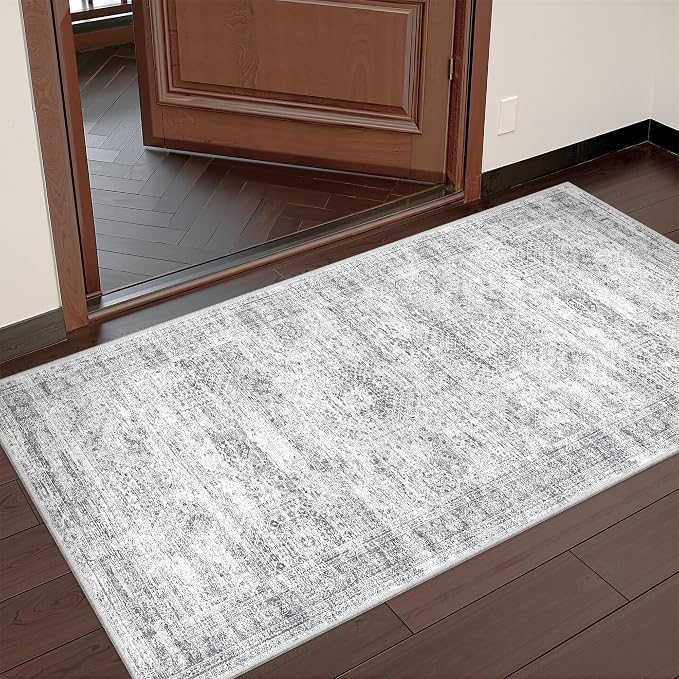 2x4 Rug Runners for Hallways Non Slip,Grey | Washable Rugs for Kitchen,Entryway,Bedroom,Bathroom,Nursery Room,Thin,Soft Runner Rug,Stain Resistant Indoor Carpet