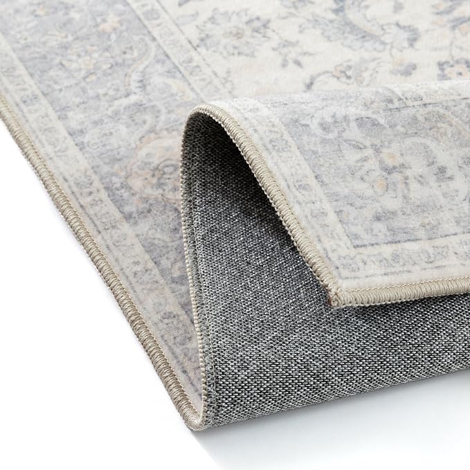 PureCozy 3x5 Washable Small Area Rug Neutral Gray Vintage Floral | Non Slip, Soft Low Pile, Indoor Carpet for Entryway, Kitchen, Bathroom, Farmhouse Decor