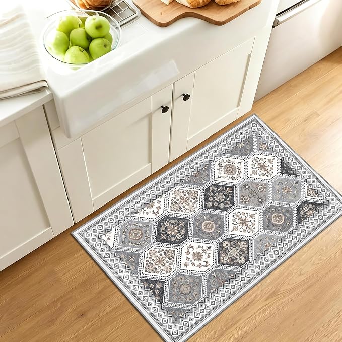 2x3 Washable Entryway Rugs, Non-Slip Boho Rug, Gray/Gold | Soft Moroccan Low-Pile Printed Indoor Throw Rugs for Entrance, Kitchen, Bedroom Bedside