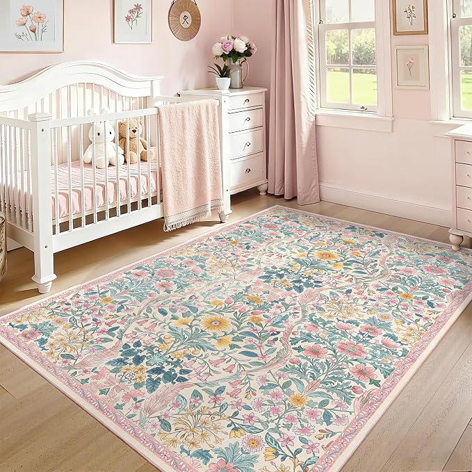 5×7 Area Rugs Light Pink Washable Floral Rug,Vintage Boho Soft Low-Pile Living Room Rugs, Stain Resistant Botanical Non-Slip Carpet for Girls Bedroom,Dining Room,Kids Nursery,Home Decor