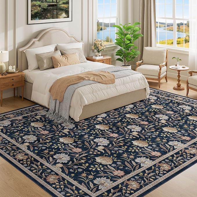 DUKINO 9x12 Area Rug for Living Room Vintage Floral Washable Rug, Navy Blue | Non Slip, Low Pile, Non-Shedding, Stain Resistant, Aesthetic Soft Indoor Large Carpet for Bedroom Dining Room Farmhouse