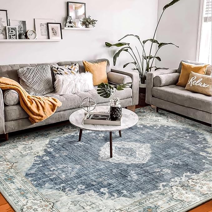 MUJOO 8x10 Area Rugs Washable Boho Rug Non Slip Low-Pile Floral Large | Machine Washable Throw Carpet for Living Room Bedroom Dining Room Boho Soft Floor Indoor Abstract Flowers Blue and Grey