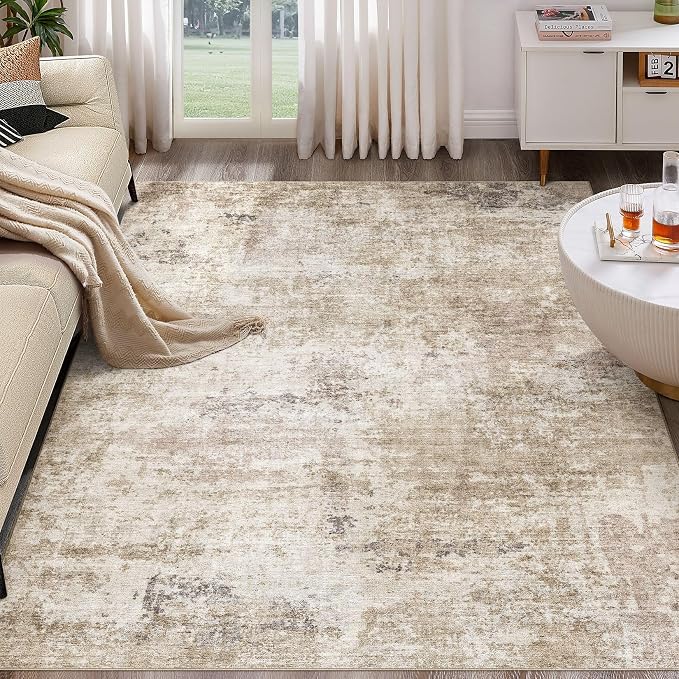 Abstract 8x10 Area Rug: Machine Washable Non Slip Ultra Thin Low-Pile Carpet, Soft Stain Resistant for Living Dining Room Bedroom, Kid Pet Friendly, Robot Vacuum Compatible - Brown