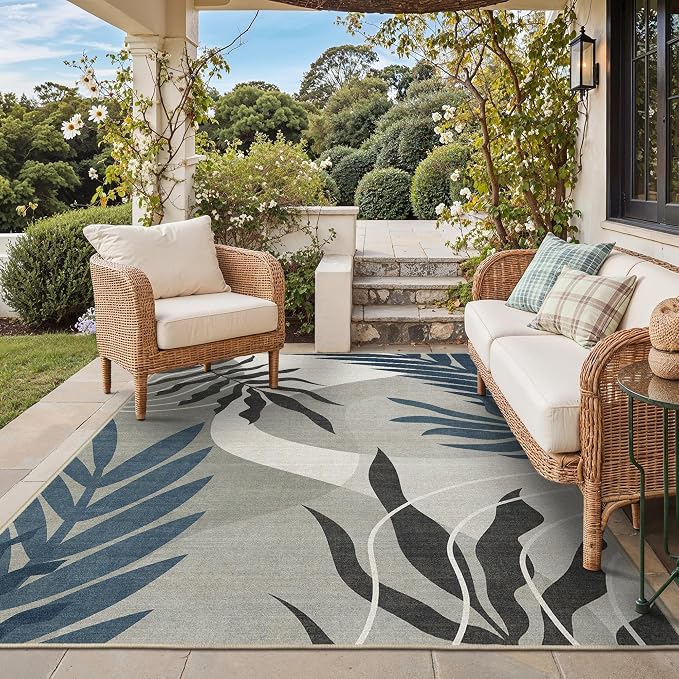 GENIMO 4x6 Outdoor Rug, Washable for Porch and Patio, Navy Grey | Botanical leaf design for balcony; fade resistant chenille with quick-dry non-slip backing for deck and indoor space.
