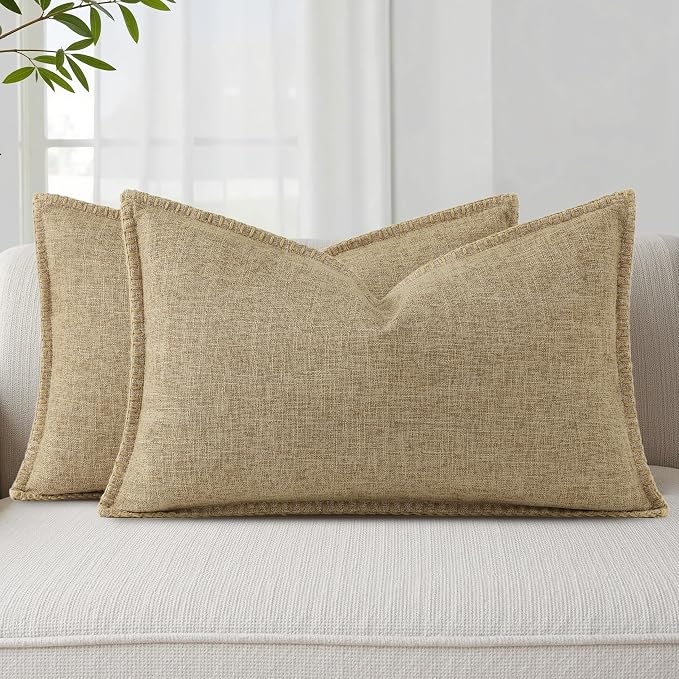 decorUhome Khaki Faux Linen Outdoor Throw Pillow Covers 12x20 Set of 2 | Fall Decorative Textured Neutral Modern Farmhouse Pillow Covers with Stitched Edge for Couch Sofa Bed Living Room
