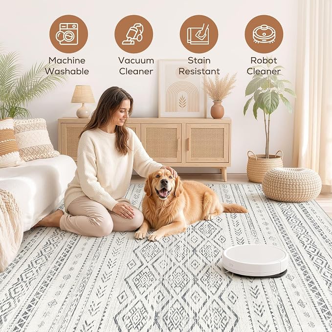 Nakagishi Area Rug Living Room Rugs: 8x10 Large Soft Machine Washable Boho Moroccan FarmNeutral Stain Resistant Indoor Floor Carpet for Bedroom Under Dining Table Home Office Decor-Grey