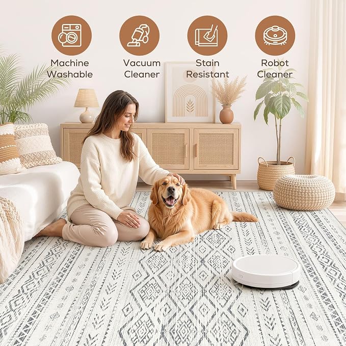 Nakagishi Area Rug Living Room Rugs: 9x12 Large Soft Machine Washable Boho Moroccan FarmNeutral Stain Resistant Indoor Floor Carpet for Bedroom Under Dining Table Home Office Decor-Grey