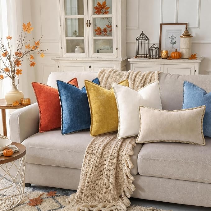 decorUhome Soft Chenille Throw Pillow Covers 24x24 Set of 2 Rust | Fall Textured Decorative Throw Pillow Cases Stitched Edge Modern Farmhouse Luxury Boho Velvet for Couch Sofa Bed Home Decor