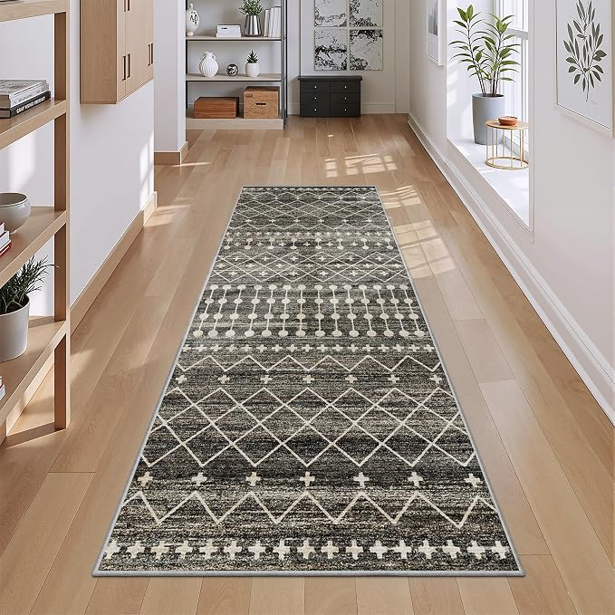Miukiki 2x6 Hallway Runner Rug Moroccan Washable Kitchen Rug Non Slip Indoor Floor Kitchen Runner Rug Foldable Carpet for Bathroom Laundry Room with Low Pile(Black,2'x6')